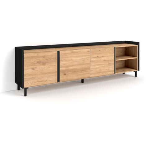 Skraut Home - Meuble TV, Banc Télé, Grand espace de Rangement, 207x35x61cm, Pour les TV jusqu'à 80", Design industriel, Style moderne, Chêne et noir (1/5)