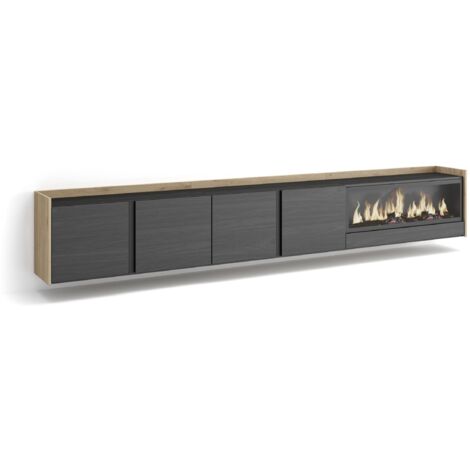 Skraut Home - Meuble TV, Banc Télé, Grand espace de Rangement, 315x35x50cm, Pour les TV jusqu'à 80", Cheminée électrique XXL, Suspendu, Mural, Style moderne, Noir et chêne (1/5)
