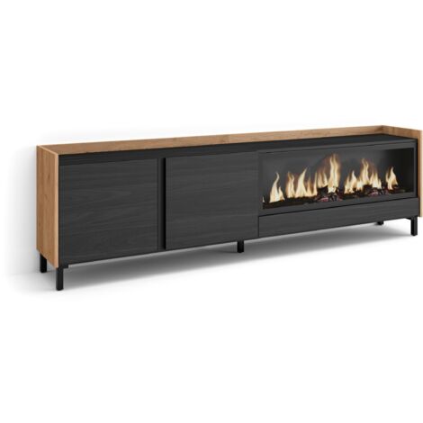 Skraut Home - Meuble TV, Banc Télé, Grand espace de Rangement, 212x35x61cm, Pour les TV jusqu'à 80", Cheminée électrique XXL, Design industriel, Style moderne, Noir et chêne (1/5)