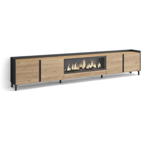 Skraut Home - Meuble TV, Banc Télé, Grand espace de Rangement, 315x35x61cm, Pour les TV jusqu'à 80", Cheminée électrique XXL, Design industriel, Style moderne, Chêne et noir (1/5)