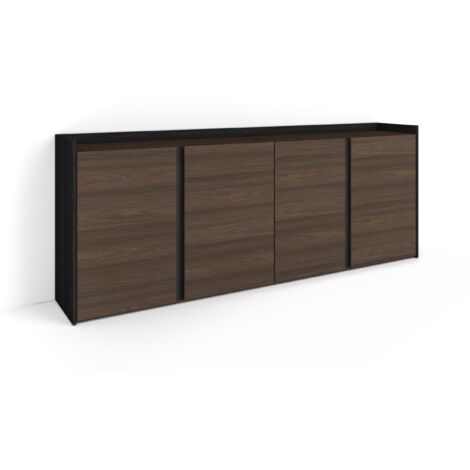 Skraut Home - Buffet salon et cuisine, Meuble de Rangement, Commode, 207x35x80cm, 4 Portes, Meuble chaussure, Style moderne, Chêne foncé et Noir (1/5)