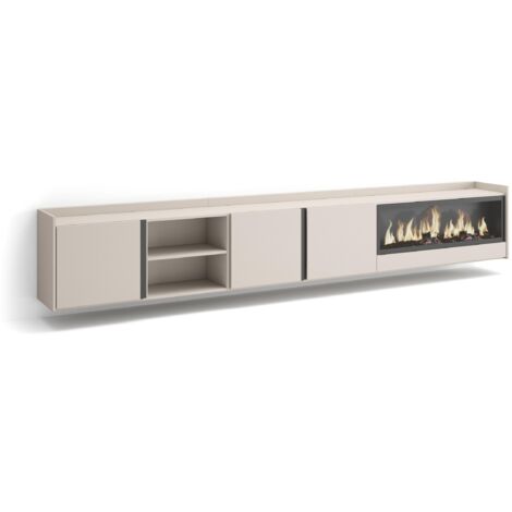 Skraut Home - Meuble TV, Banc Télé, Grand espace de Rangement, 315x35x50cm, Pour les TV jusqu'à 80", Cheminée électrique XXL, Suspendu, Mural, Style moderne, Beige (1/5)