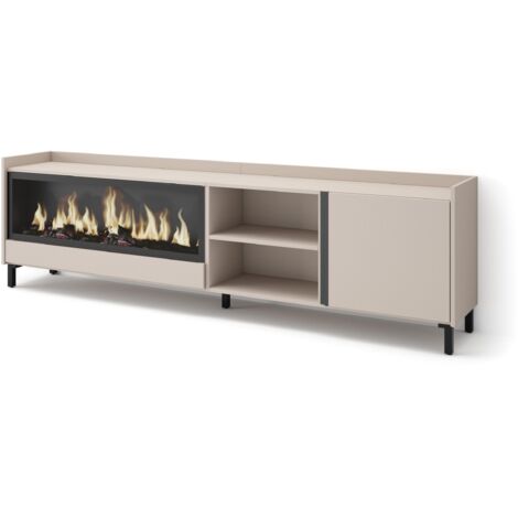 Skraut Home - Meuble TV, Banc Télé, Grand espace de Rangement, 212x35x61cm, Pour les TV jusqu'à 80", Cheminée électrique XXL, Design industriel, Style moderne, Beige (1/5)