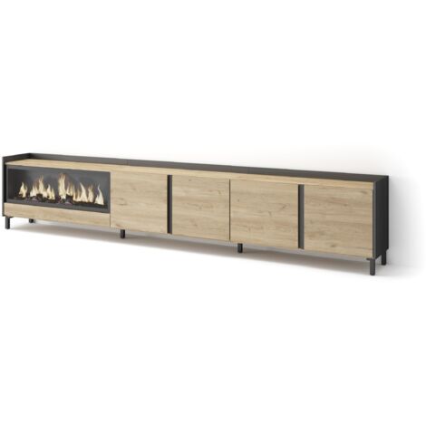 Skraut Home - Meuble TV, Banc Télé, Grand espace de Rangement, 315x35x61cm, Pour les TV jusqu'à 80", Cheminée électrique XXL, Design industriel, Style moderne, Chêne et noir (1/5)