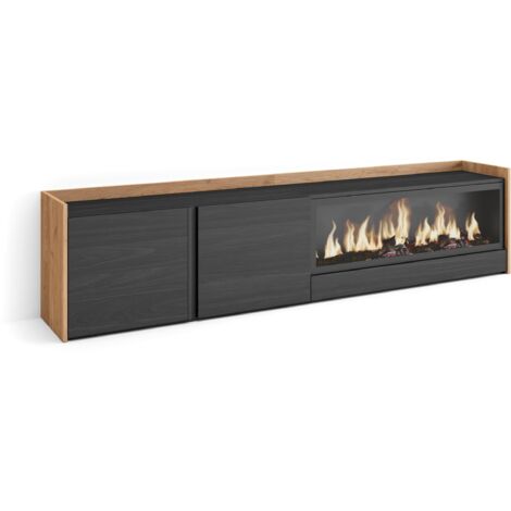 Skraut Home - Meuble TV, Banc Télé, Grand espace de Rangement, 212x35x50cm, Pour les TV jusqu'à 80", Cheminée électrique XXL, Style moderne, Noir et chêne (1/5)