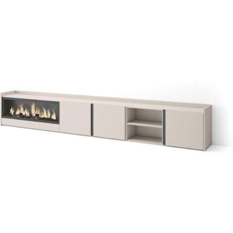 Skraut Home - Meuble TV, Banc Télé, Grand espace de Rangement, 315x35x50cm, Pour les TV jusqu'à 80", Cheminée électrique XXL, Style moderne, Beige (1/5)
