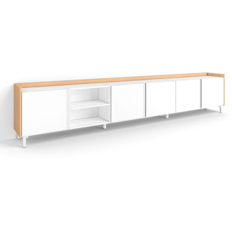 Skraut Home - Meuble TV, Banc Télé, Grand espace de Rangement, 309x35x61cm, Pour les TV jusqu'à 80", Design industriel, Style moderne, Blanc et Chêne Soft (1/5)
