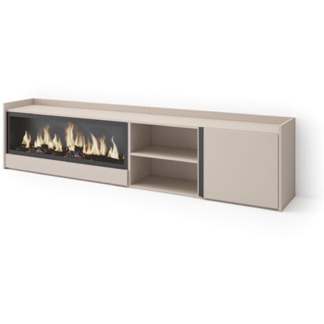 Skraut Home - Meuble TV, Banc Télé, Grand espace de Rangement, 212x35x50cm, Pour les TV jusqu'à 80", Cheminée électrique XXL, Style moderne, Beige (1/5)