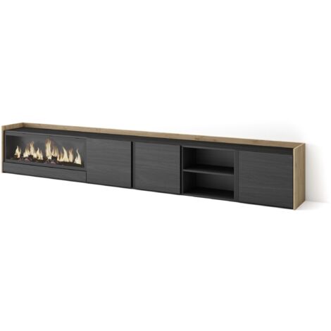 Skraut Home - Meuble TV, Banc Télé, Grand espace de Rangement, 315x35x50cm, Pour les TV jusqu'à 80", Cheminée électrique XXL, Style moderne, Noir et chêne (1/5)