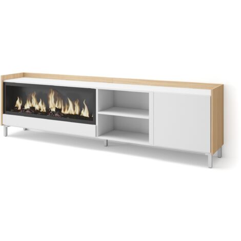 Skraut Home - Meuble TV, Banc Télé, Grand espace de Rangement, 212x35x61cm, Pour les TV jusqu'à 80", Cheminée électrique XXL, Design industriel, Style moderne, Blanc et Chêne Soft (1/5)