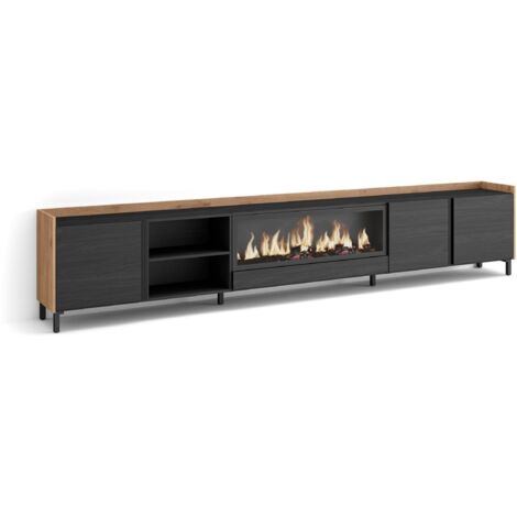 Skraut Home - Meuble TV, Banc Télé, Grand espace de Rangement, 315x35x61cm, Pour les TV jusqu'à 80", Cheminée électrique XXL, Design industriel, Style moderne, Noir et chêne (1/5)
