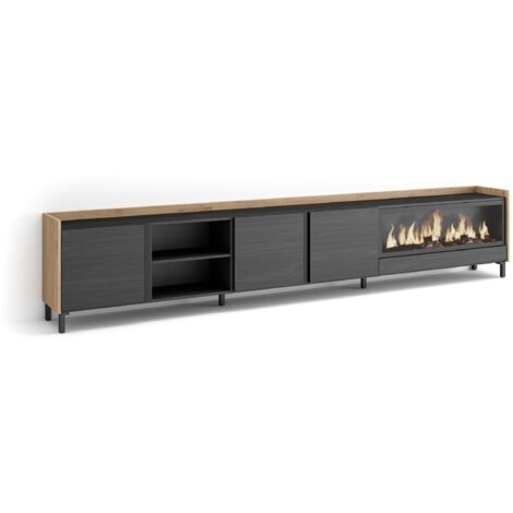 Skraut Home - Meuble TV, Banc Télé, Grand espace de Rangement, 315x35x61cm, Pour les TV jusqu'à 80", Cheminée électrique XXL, Design industriel, Style moderne, Noir et chêne (1/5)