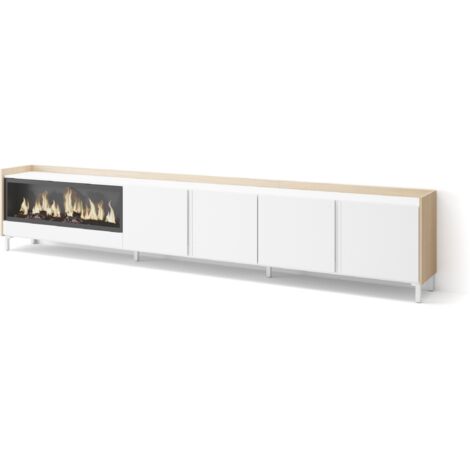 Skraut Home - Meuble TV, Banc Télé, Grand espace de Rangement, 315x35x61cm, Pour les TV jusqu'à 80", Cheminée électrique XXL, Design industriel, Style moderne, Blanc et Chêne Soft (1/5)