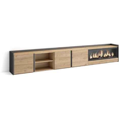 Skraut Home - Meuble TV, Banc Télé, Grand espace de Rangement, 315x35x50cm, Pour les TV jusqu'à 80", Cheminée électrique XXL, Style moderne, Chêne et noir (1/5)