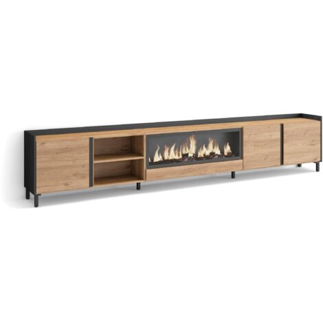 Skraut Home - Meuble TV, Banc Télé, Grand espace de Rangement, 315x35x61cm, Pour les TV jusqu'à 80", Cheminée électrique XXL, Design industriel, Style moderne, Chêne et noir (1/5)