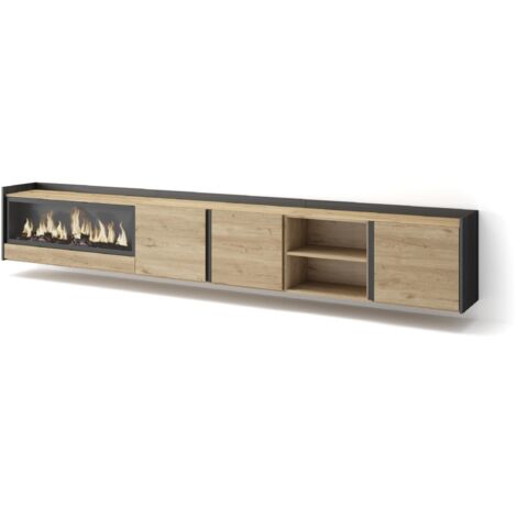 Skraut Home - Meuble TV, Banc Télé, Grand espace de Rangement, 315x35x50cm, Pour les TV jusqu'à 80", Cheminée électrique XXL, Suspendu, Mural, Style moderne, Chêne et noir (1/5)