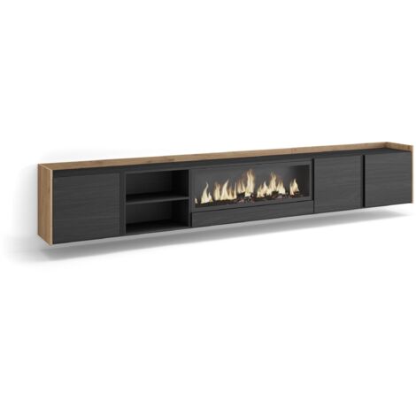 Skraut Home - Meuble TV, Banc Télé, Grand espace de Rangement, 315x35x50cm, Pour les TV jusqu'à 80", Cheminée électrique XXL, Suspendu, Mural, Style moderne, Noir et chêne (1/5)
