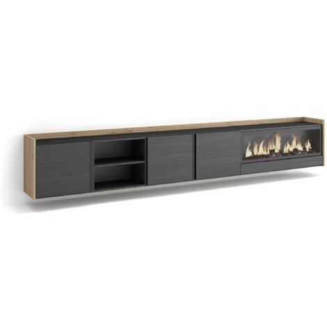 Skraut Home - Meuble TV, Banc Télé, Grand espace de Rangement, 315x35x50cm, Pour les TV jusqu'à 80", Cheminée électrique XXL, Suspendu, Mural, Style moderne, Noir et chêne (1/5)