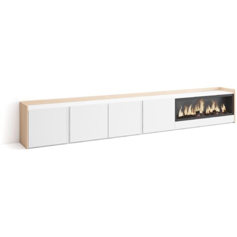 Skraut Home - Meuble TV, Banc Télé, Grand espace de Rangement, 315x35x50cm, Pour les TV jusqu'à 80", Cheminée électrique XXL, Style moderne, Blanc et Chêne Soft (1/5)