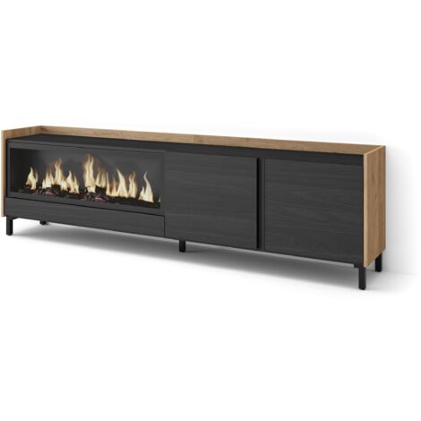 Skraut Home - Meuble TV, Banc Télé, Grand espace de Rangement, 212x35x61cm, Pour les TV jusqu'à 80", Cheminée électrique XXL, Design industriel, Style moderne, Noir et chêne (1/5)