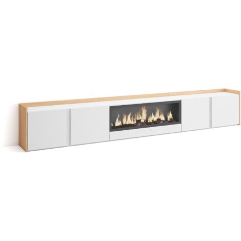 Skraut Home - Meuble TV, Banc Télé, Grand espace de Rangement, 315x35x50cm, Pour les TV jusqu'à 80", Cheminée électrique XXL, Style moderne, Blanc et Chêne Soft (1/5)