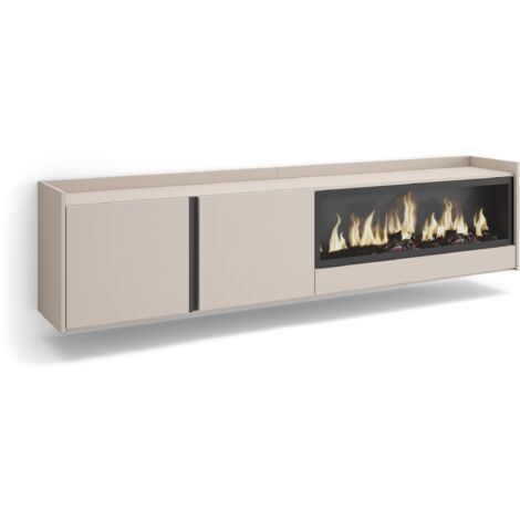 Skraut Home - Meuble TV, Banc Télé, Grand espace de Rangement, 212x35x50cm, Pour les TV jusqu'à 80", Cheminée électrique XXL, Suspendu, Mural, Style moderne, Beige (1/5)