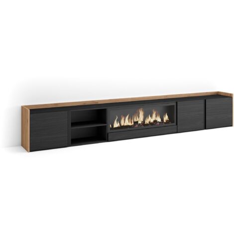 Skraut Home - Meuble TV, Banc Télé, Grand espace de Rangement, 315x35x50cm, Pour les TV jusqu'à 80", Cheminée électrique XXL, Style moderne, Noir et chêne (1/5)