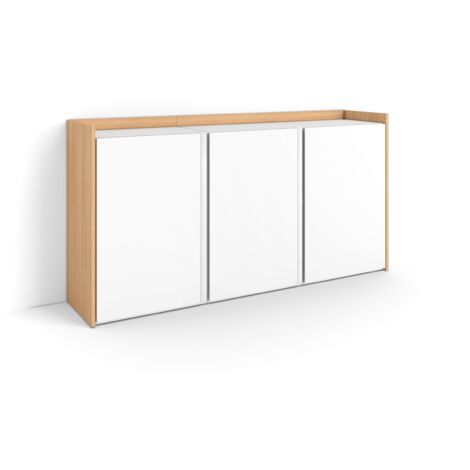 Skraut Home - Buffet salon et cuisine, Meuble de Rangement, Commode, 156x35x80cm, 3 Portes, Meuble chaussure, Style moderne, Blanc et Chêne Soft (1/5)