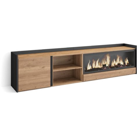 Skraut Home - Meuble TV, Banc Télé, Grand espace de Rangement, 212x35x50cm, Pour les TV jusqu'à 80", Cheminée électrique XXL, Style moderne, Chêne et noir (1/5)