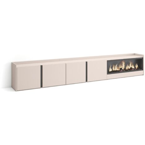 Skraut Home - Meuble TV, Banc Télé, Grand espace de Rangement, 315x35x50cm, Pour les TV jusqu'à 80", Cheminée électrique XXL, Style moderne, Beige (1/5)