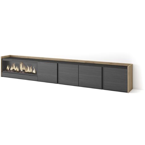 Skraut Home - Meuble TV, Banc Télé, Grand espace de Rangement, 315x35x50cm, Pour les TV jusqu'à 80", Cheminée électrique XXL, Style moderne, Noir et chêne (1/5)