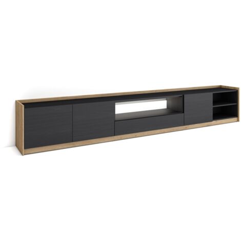 Skraut Home - Meuble TV, Banc Télé, Grand espace de Rangement, 310x37x50cm, Pour les TV jusqu'à 80", LED, Style moderne, Noir et chêne (1/5)