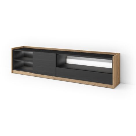 Skraut Home - Meuble TV, Banc Télé, Grand espace de Rangement, 207x37x50cm, Pour les TV jusqu'à 80", LED, Style moderne, Noir et chêne (1/5)