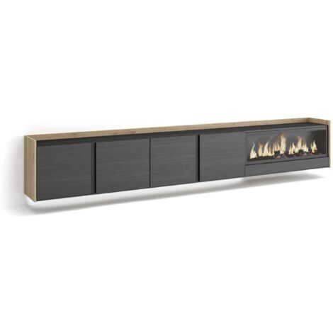 Skraut Home - Meuble TV, Banc Télé, Grand espace de Rangement, 315x35x50cm, Pour les TV jusqu'à 80", Cheminée électrique XXL, Suspendu, Mural, LED, Style moderne, Noir et chêne (1/5)