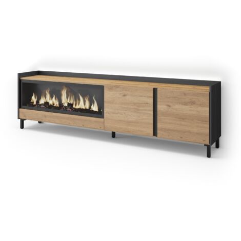 Skraut Home - Meuble TV, Banc Télé, Grand espace de Rangement, 212x35x61cm, Pour les TV jusqu'à 80", Cheminée électrique XXL, Design industriel, LED, Style moderne, Chêne et noir (1/5)