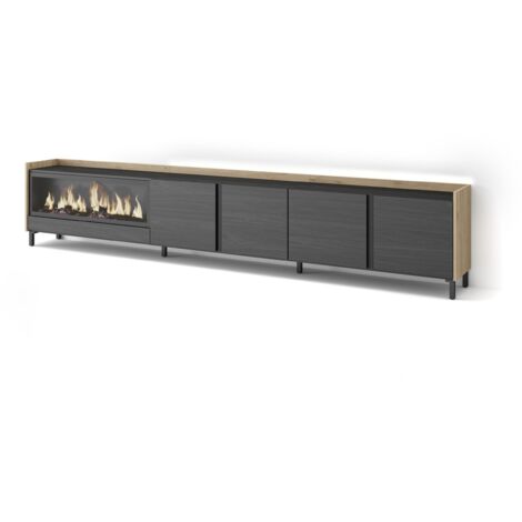 Skraut Home - Meuble TV, Banc Télé, Grand espace de Rangement, 315x35x61cm, Pour les TV jusqu'à 80", Cheminée électrique XXL, Design industriel, LED, Style moderne, Noir et chêne (1/5)
