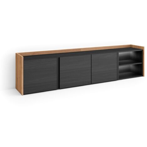 Skraut Home - Meuble TV, Banc Télé, Grand espace de Rangement, 207x35x50cm, Pour les TV jusqu'à 80", LED, Style moderne, Noir et chêne (1/5)