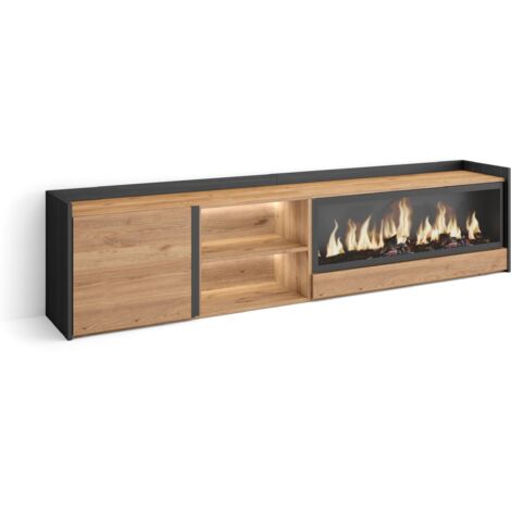 Skraut Home - Meuble TV, Banc Télé, Grand espace de Rangement, 212x35x50cm, Pour les TV jusqu'à 80", Cheminée électrique XXL, LED, Style moderne, Chêne et noir (1/5)