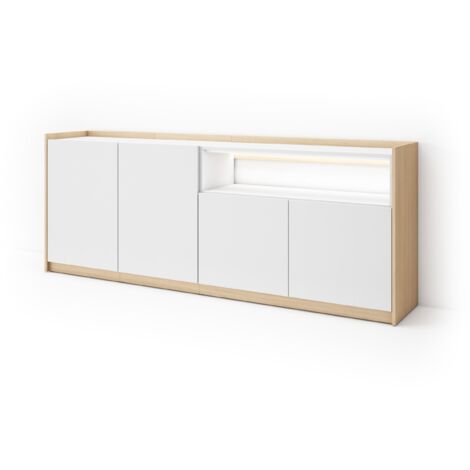 Skraut Home - Buffet salon et cuisine, Meuble de Rangement, Commode, 207x37x80cm, 4 Portes, LED, Style moderne, Blanc et Chêne Soft (1/5)