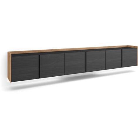 Skraut Home - Meuble TV, Banc Télé, Grand espace de Rangement, 309x35x50cm, Pour les TV jusqu'à 80", Suspendu, Mural, LED, Style moderne, Noir et chêne (1/5)