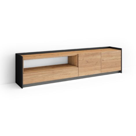 Skraut Home - Meuble TV, Banc Télé, Grand espace de Rangement, 207x37x50cm, Pour les TV jusqu'à 80", LED, Style moderne, Chêne et noir (1/5)