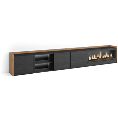 Skraut Home - Meuble TV, Banc Télé, Grand espace de Rangement, 315x35x50cm, Pour les TV jusqu'à 80", Cheminée électrique XXL, LED, Style moderne, Noir et chêne (1/5)