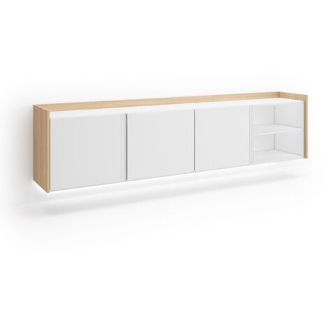 Skraut Home - Meuble TV, Banc Télé, Grand espace de Rangement, 207x35x50cm, Pour les TV jusqu'à 80", Suspendu, Mural, LED, Style moderne, Blanc et Chêne Soft (1/5)