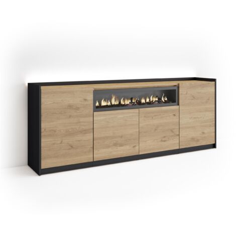 Skraut Home - Buffet salon et cuisine, Meuble de Rangement, Commode, 207x37x80cm, 4 Portes, Cheminée électrique, LED, Style moderne, Chêne et noir (1/5)