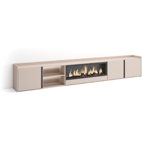 Skraut Home - Meuble TV, Banc Télé, Grand espace de Rangement, 315x35x50cm, Pour les TV jusqu'à 80", Cheminée électrique XXL, LED, Style moderne, Beige (1/5)