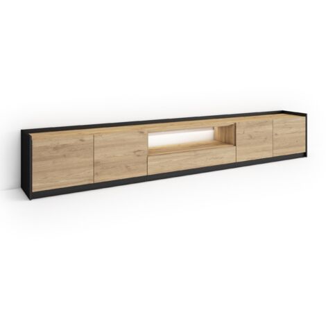 Skraut Home - Meuble TV, Banc Télé, Grand espace de Rangement, 310x37x50cm, Pour les TV jusqu'à 80", LED, Style moderne, Chêne et noir (1/5)
