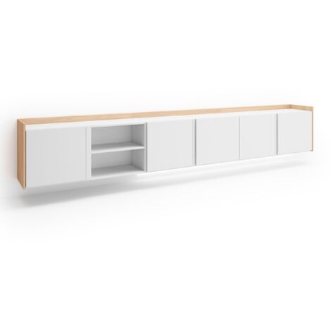 Skraut Home - Meuble TV, Banc Télé, Grand espace de Rangement, 309x35x50cm, Pour les TV jusqu'à 80", Suspendu, Mural, LED, Style moderne, Blanc et Chêne Soft (1/5)