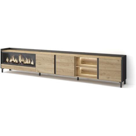 Skraut Home - Meuble TV, Banc Télé, Grand espace de Rangement, 315x35x61cm, Pour les TV jusqu'à 80", Cheminée électrique XXL, Design industriel, LED, Style moderne, Chêne et noir (1/5)