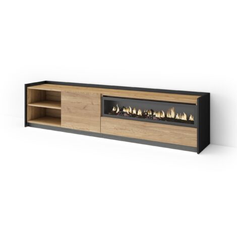 Skraut Home - Meuble TV, Banc Télé, Grand espace de Rangement, 207x37x50cm, Pour les TV jusqu'à 80", Cheminée électrique, LED, Style moderne, Chêne et noir (1/5)