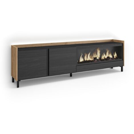 Skraut Home - Meuble TV, Banc Télé, Grand espace de Rangement, 212x35x61cm, Pour les TV jusqu'à 80", Cheminée électrique XXL, Design industriel, LED, Style moderne, Noir et chêne (1/5)